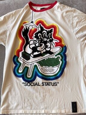 Frost Social Status Graphic Cat Tee — White with Rainbow Trim (XL)